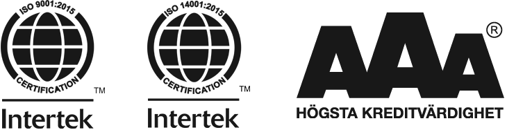 ISO 9001:2015 och ISO 14001:2015, certifierade av Intertek. AAA, högsta kreditvärdighet.